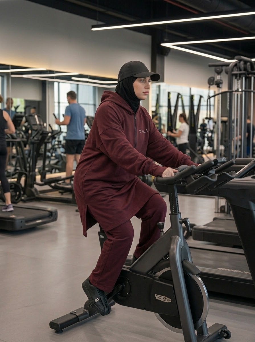 The burgundy YALA Set, worn on a stationary bike